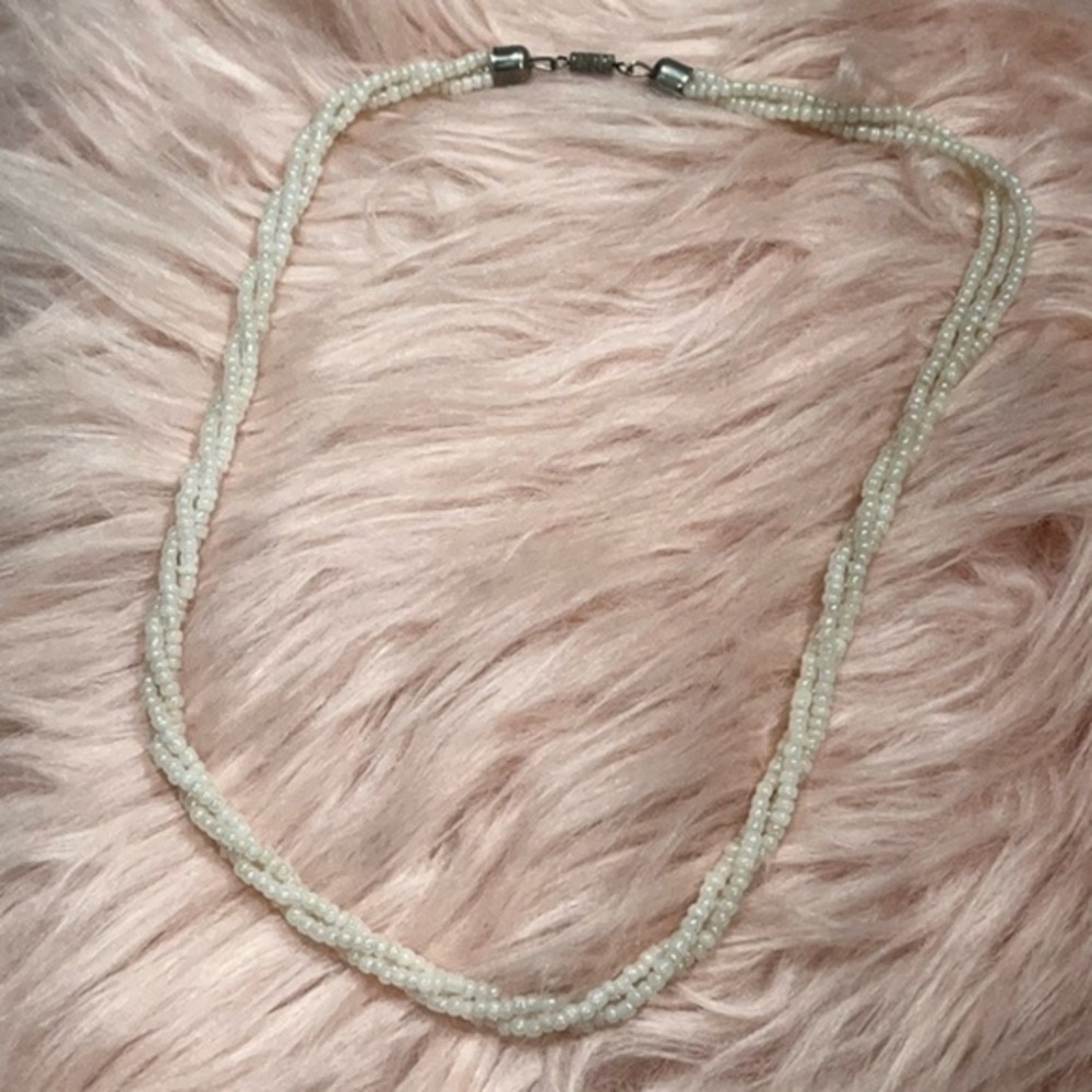 3 Strand Twisted Seed Bead Necklace Iridescent White Barrel Clasp 20" Inches